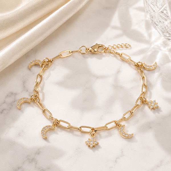 Moon Star Charm Bracelet – 18K Gold, Celestial Paperclip Chain