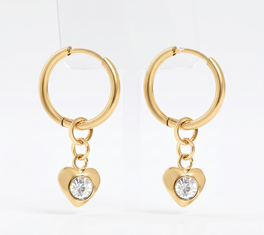 Heart Charm Huggie Earrings – 18K Gold, CZ Dangle, Hoop