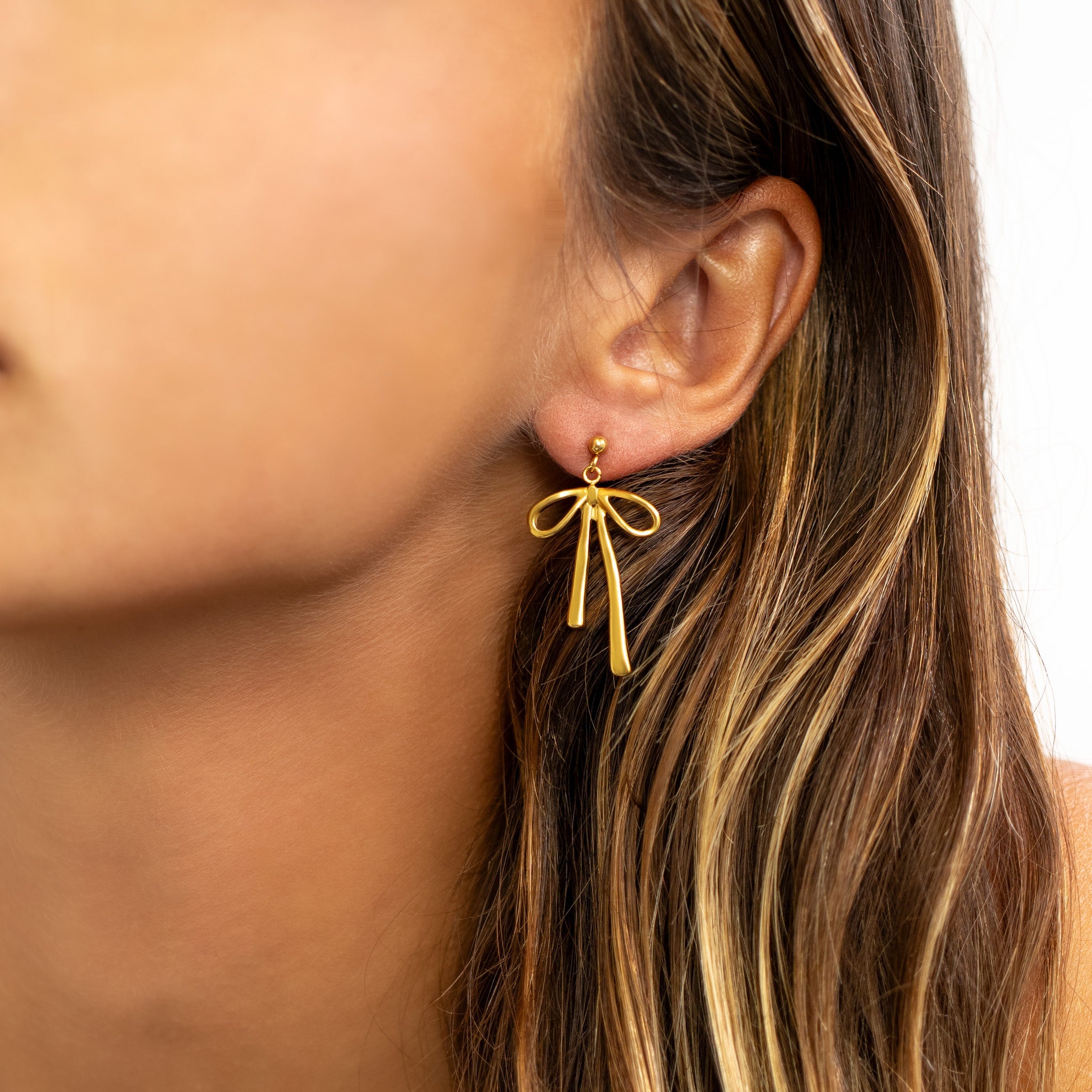 Ribbon Bow Drop Earrings – 18K Gold, Waterproof, Hypoallergenic