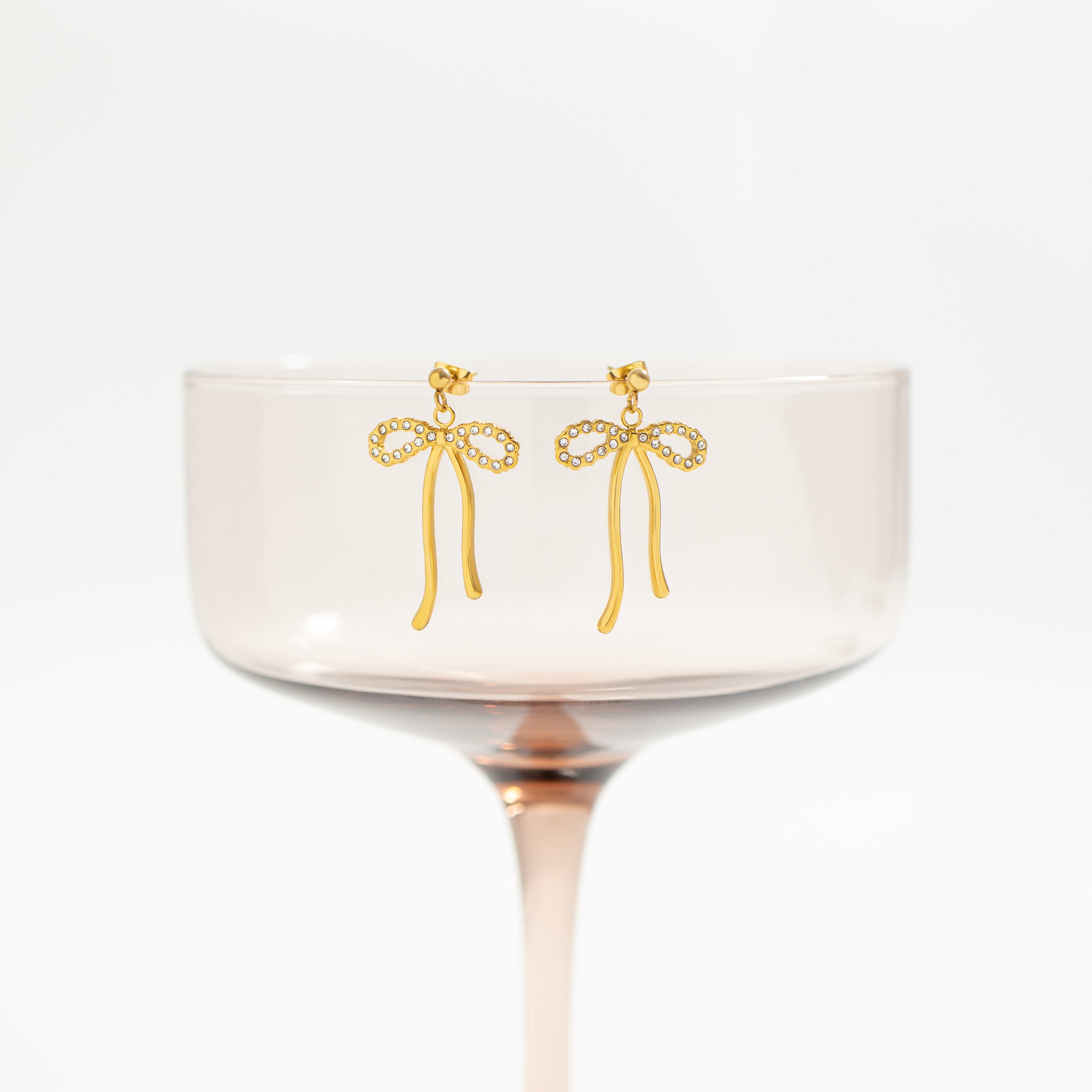 Ribbon Bow Stud Earrings – 18K Gold, CZ Stones, Waterproof