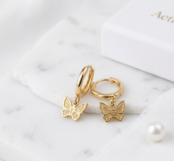 Butterfly Huggie Earrings – 18K Gold, Dainty Hoop, Waterproof