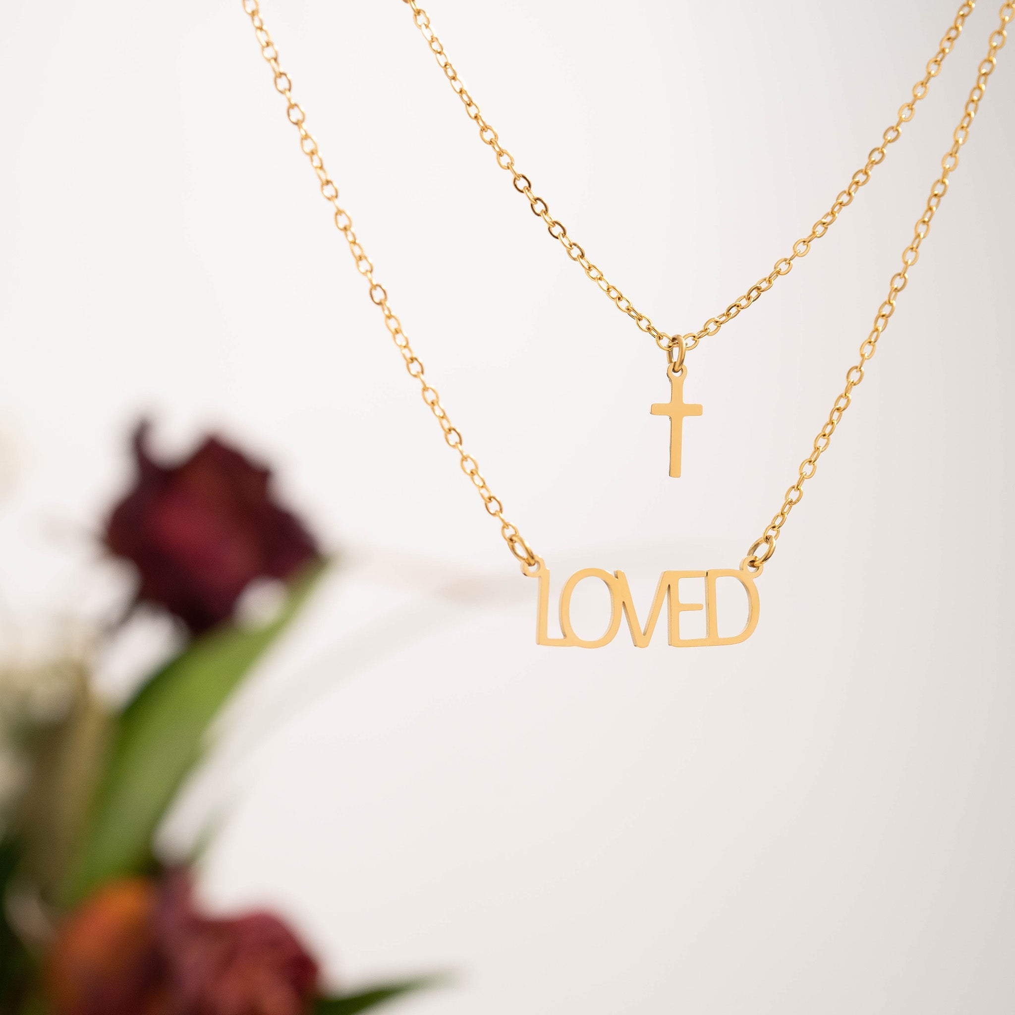 Layered Cross & Love Necklace – 18K Gold, Faith Jewelry