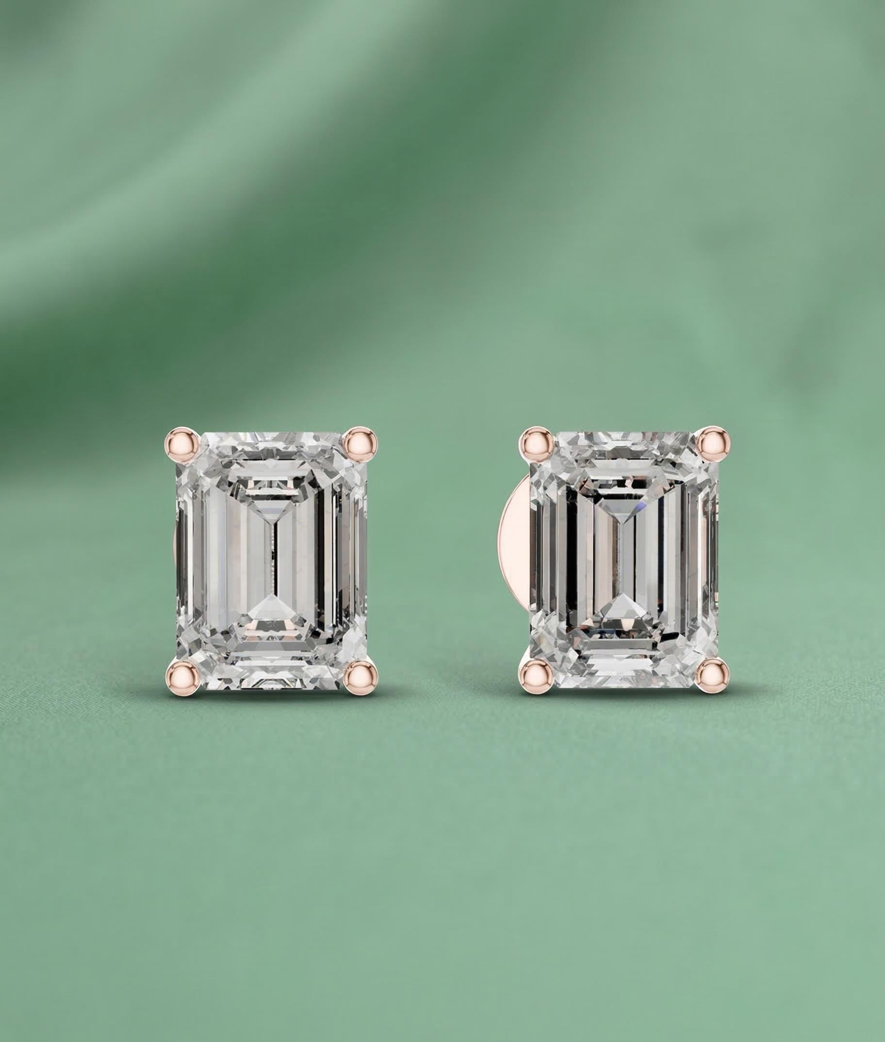 Emerald Cut Lab Diamond Stud Earrings – Solid Gold, IGI Certified