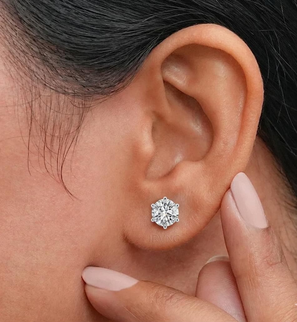 Round Lab Diamond Stud Earrings 6-Prong – Solid Gold, IGI Certified