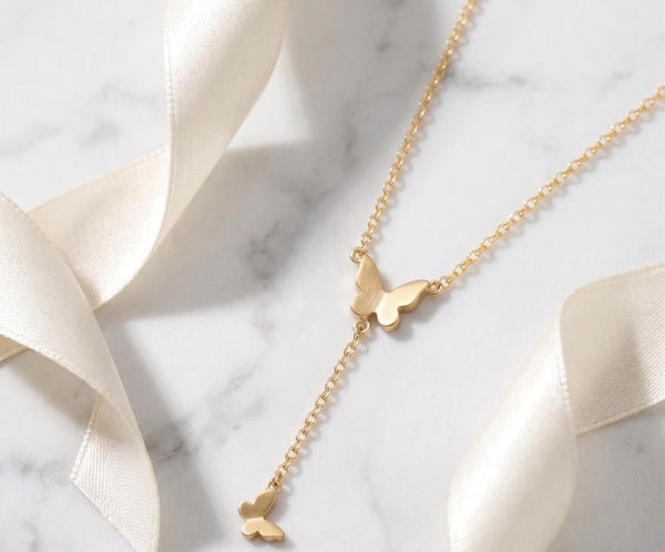 Butterfly Lariat Necklace – 18K Gold, Y Chain, Waterproof