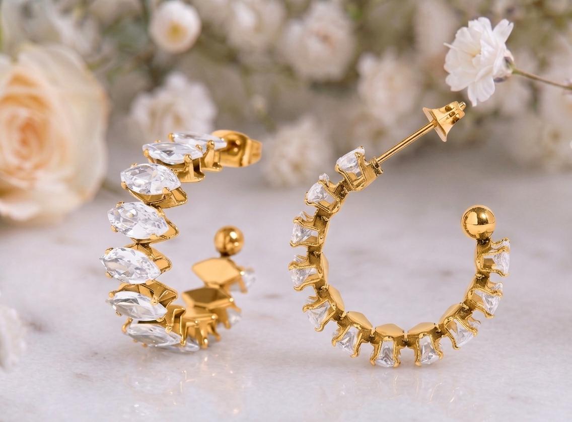 Marquise CZ Hoop Earrings – 18K Gold, Waterproof, Celestial