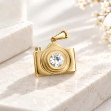 Gold Camera Charm, CZ Photography Pendant, Stainless Steel Jewelry Supply, Photographer Gift