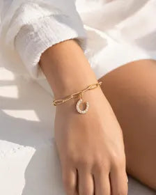 Pearl Horseshoe Charm, 18K Gold PVD Stainless Steel Pendant, Equestrian Jewelry