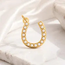Pearl Horseshoe Charm, 18K Gold PVD Stainless Steel Pendant, Equestrian Jewelry