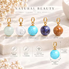 8mm Natural Stone Charm Bead, 18K Gold PVD Stainless Steel Pendant (Jewelry Making Supply)