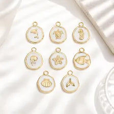18K Gold PVD Sea Life Charm Set, White Epoxy Ocean Pendant (Jewelry Making Supply)