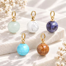 8mm Natural Stone Charm Bead, 18K Gold PVD Stainless Steel Pendant (Jewelry Making Supply)