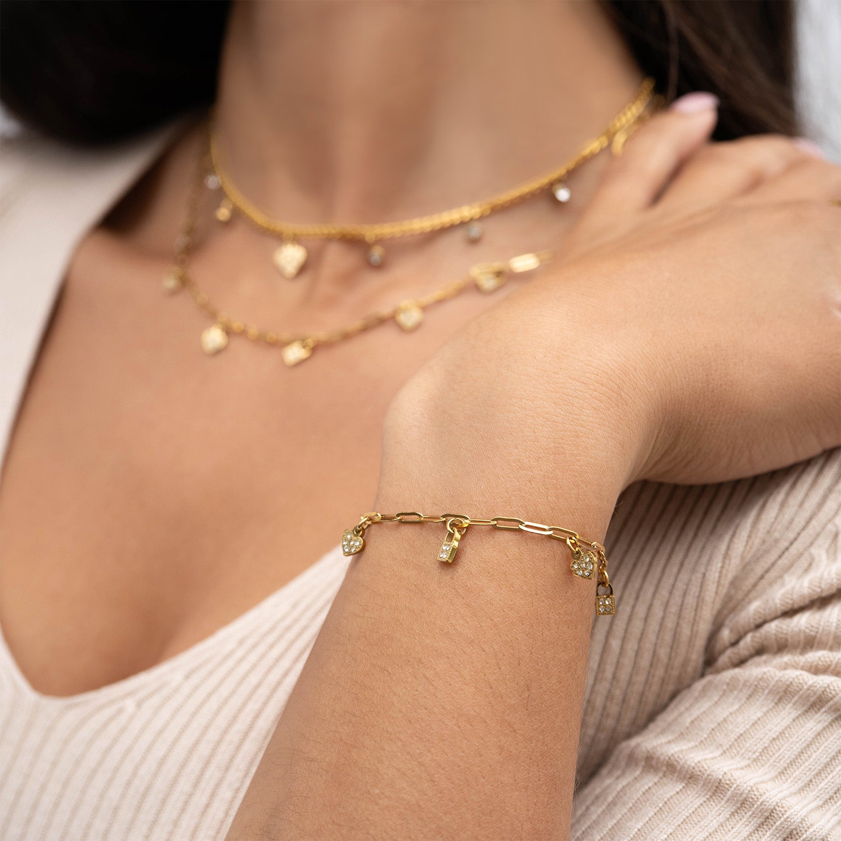 Heart & Lock Charm Bracelet – 18K Gold, Waterproof