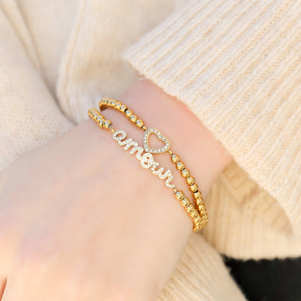 Stone Heart Beaded Stretch Bracelet – 18K Gold, Waterproof