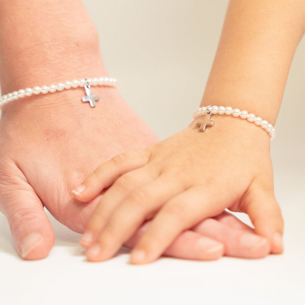 Kids Pearl Cross Bracelet – 18K Gold, Baptism Gift