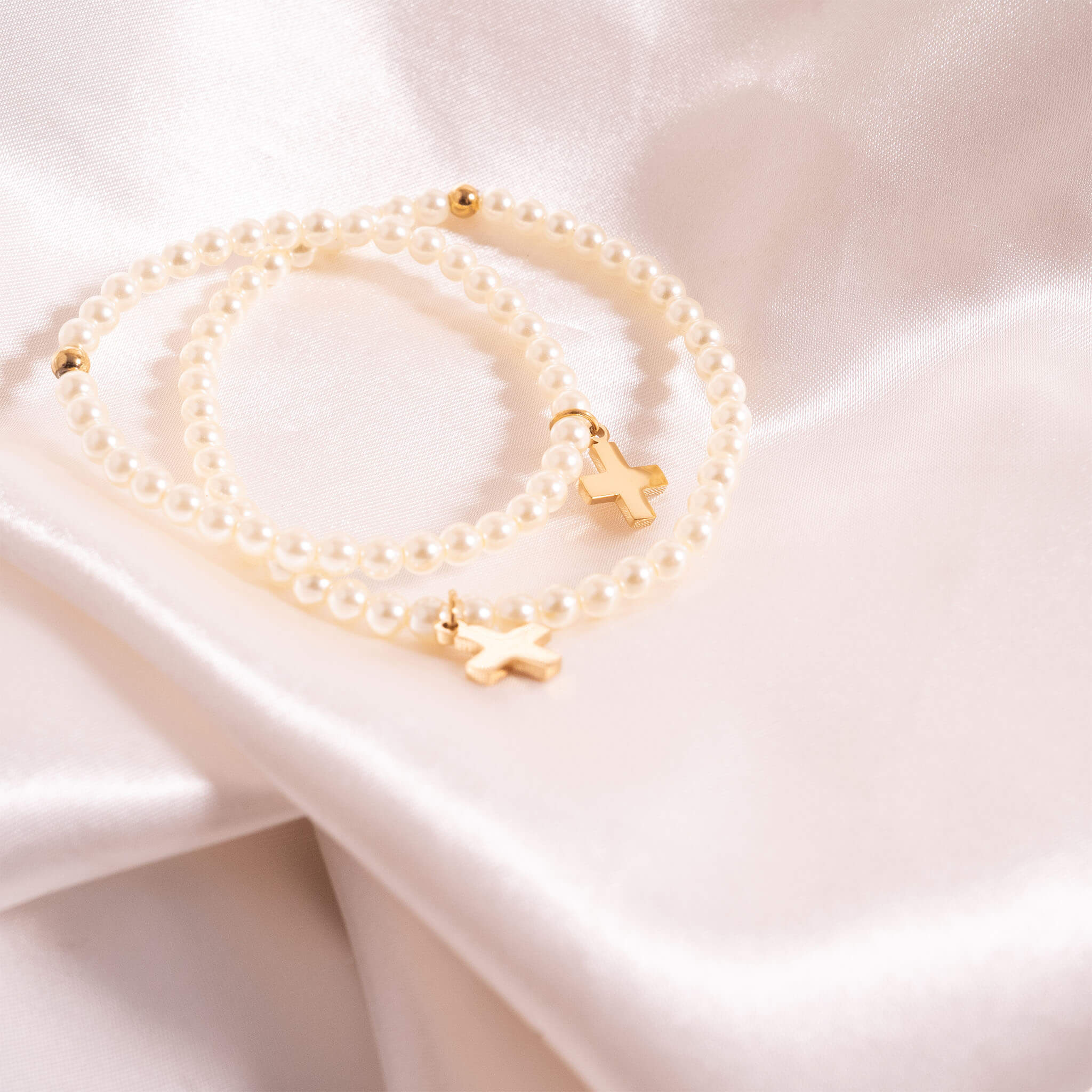 Kids Pearl Cross Bracelet – 18K Gold, Baptism Gift
