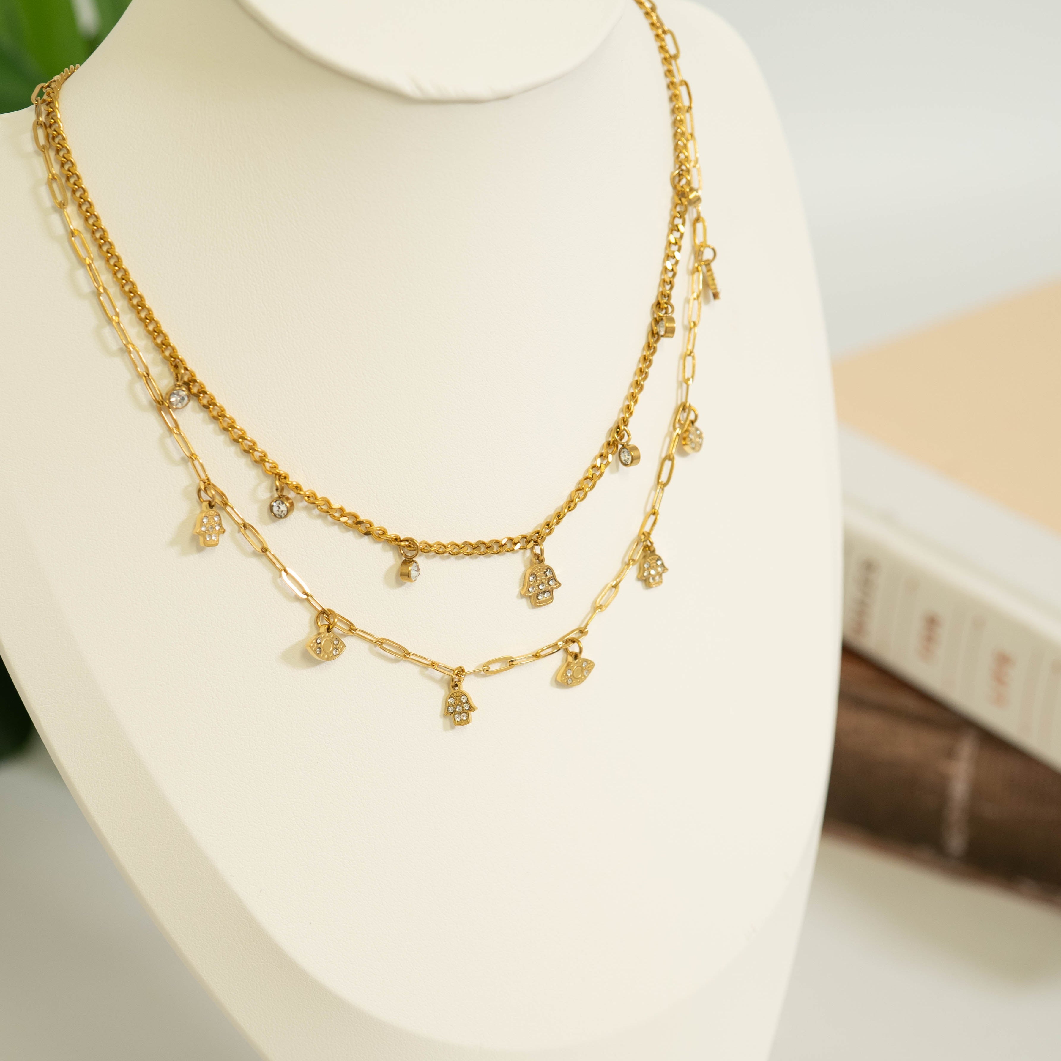 Evil Eye Hamsa Necklace – 18K Gold, Layered, Waterproof