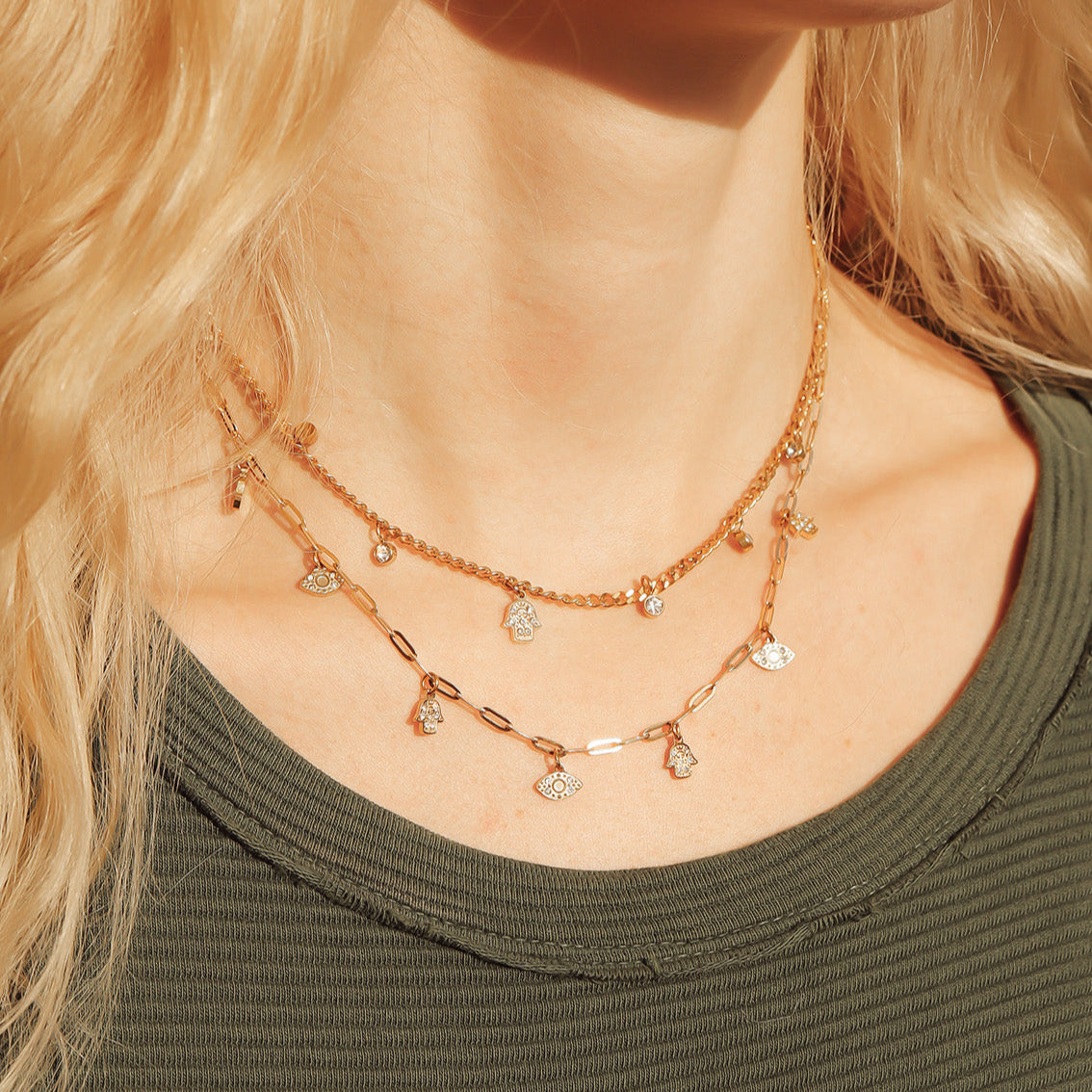 Evil Eye Hamsa Necklace – 18K Gold, Layered, Waterproof
