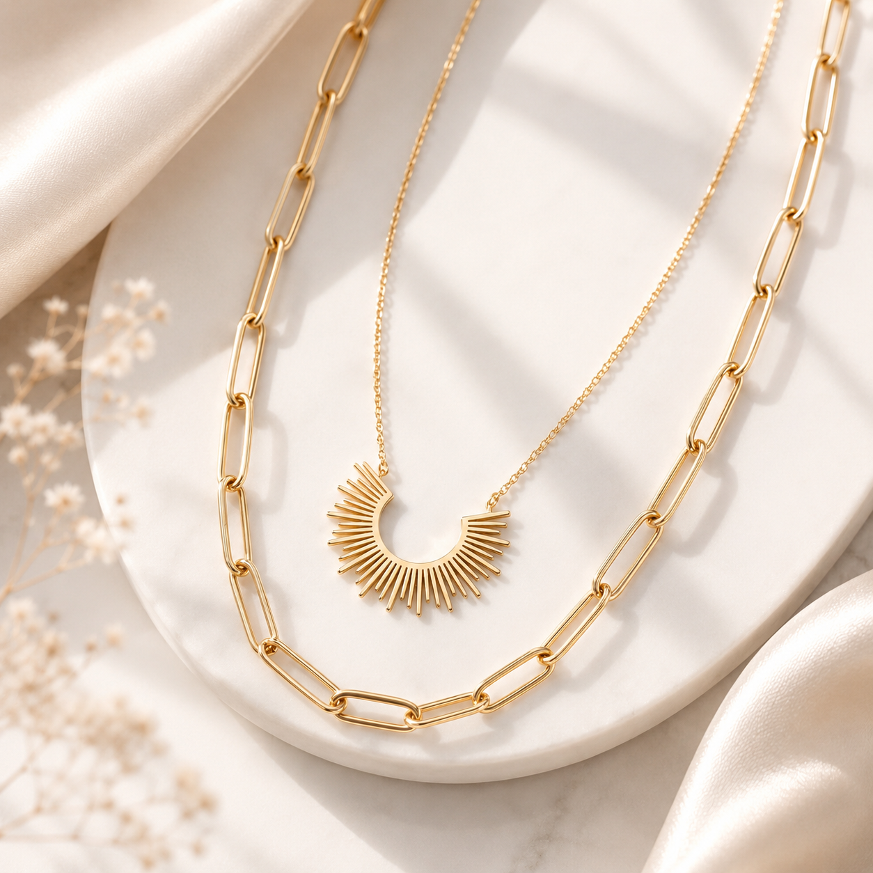 Sun Charm Layered Necklace – 18K Gold Paperclip Chain, Waterproof