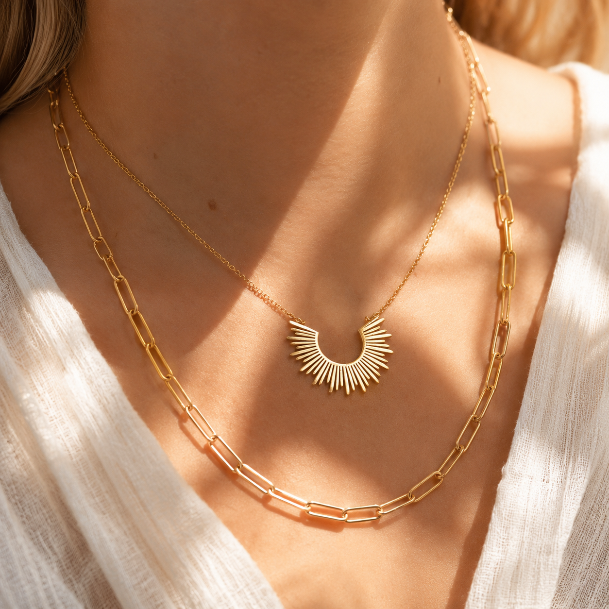 Sun Charm Layered Necklace – 18K Gold Paperclip Chain, Waterproof