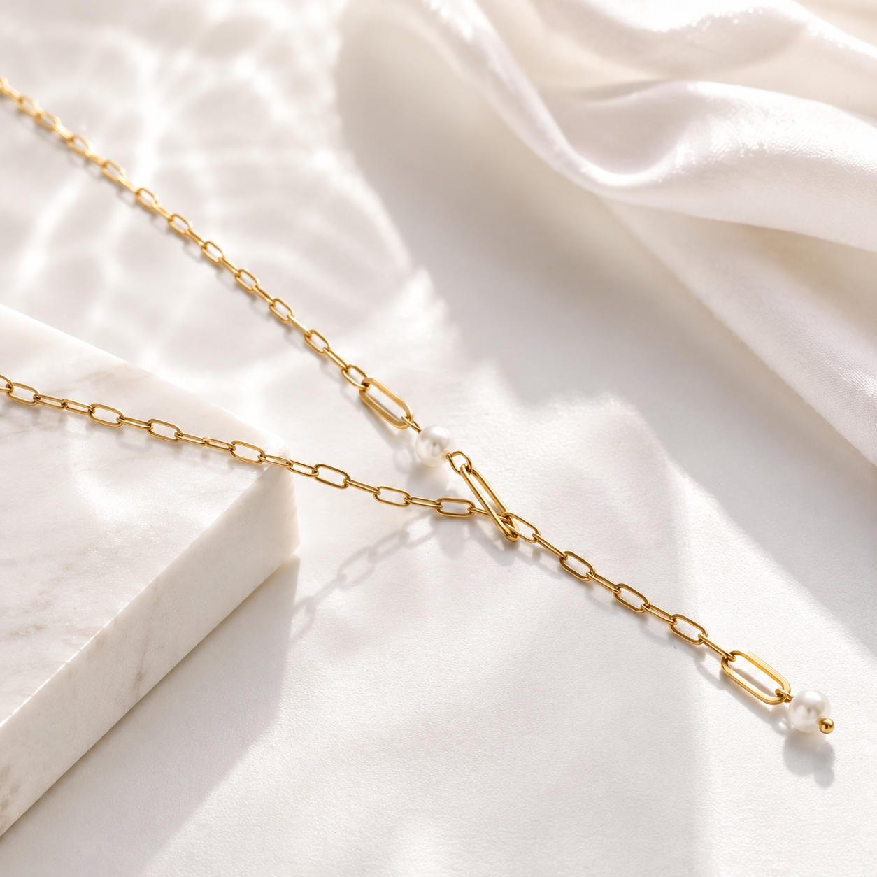 Pearl Y Lariat Necklace – 18K Gold Paperclip Chain, Waterproof