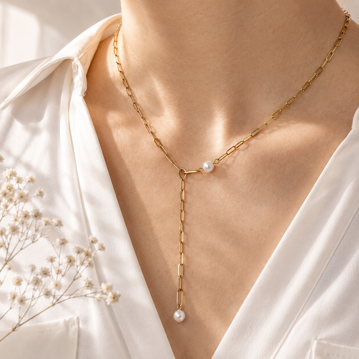 Pearl Y Lariat Necklace – 18K Gold Paperclip Chain, Waterproof