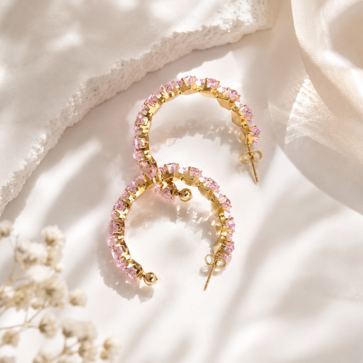 Pink Stone Hoop Earrings – 18K Gold, Hypoallergenic