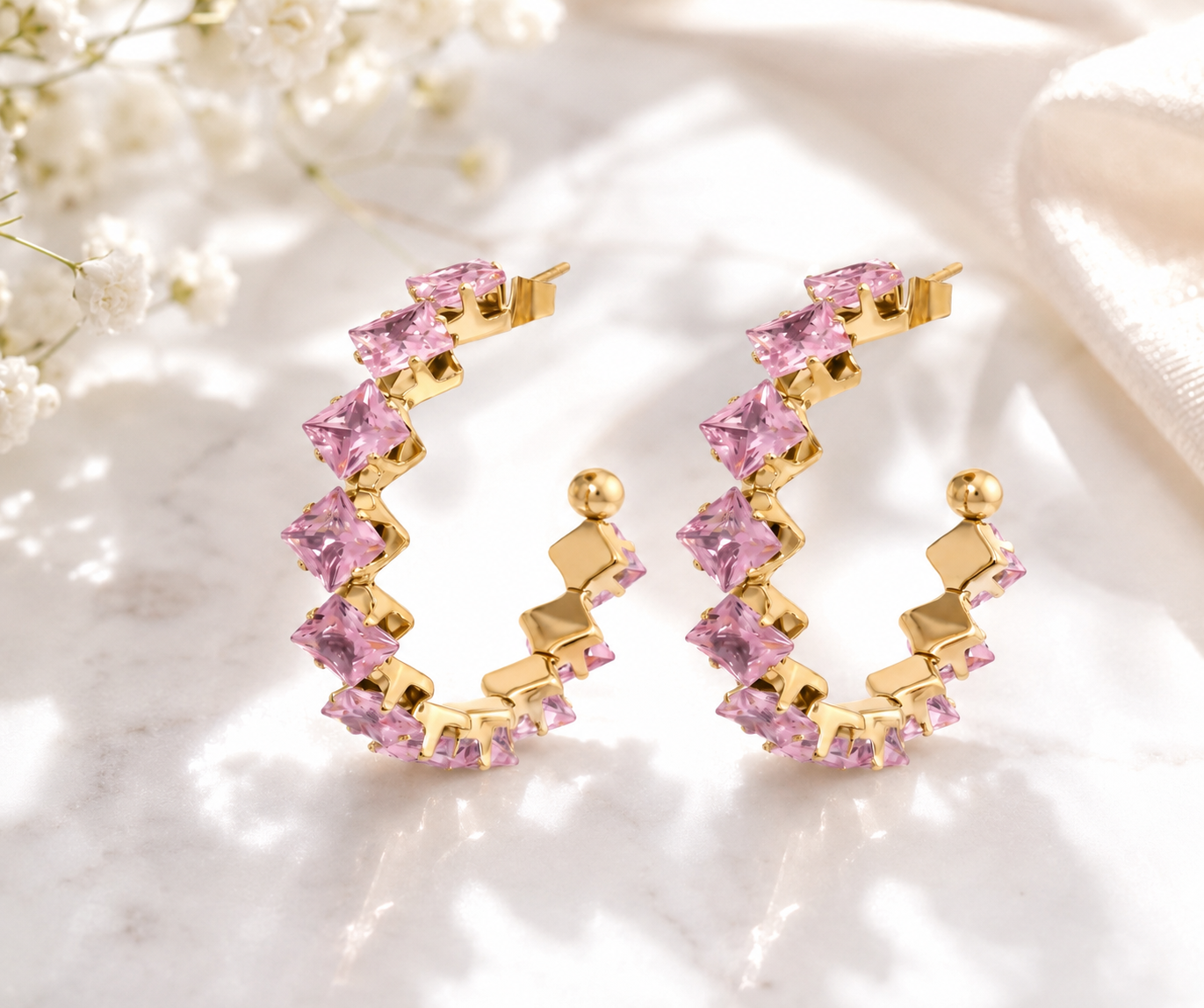 Pink Stone Hoop Earrings – 18K Gold, Hypoallergenic