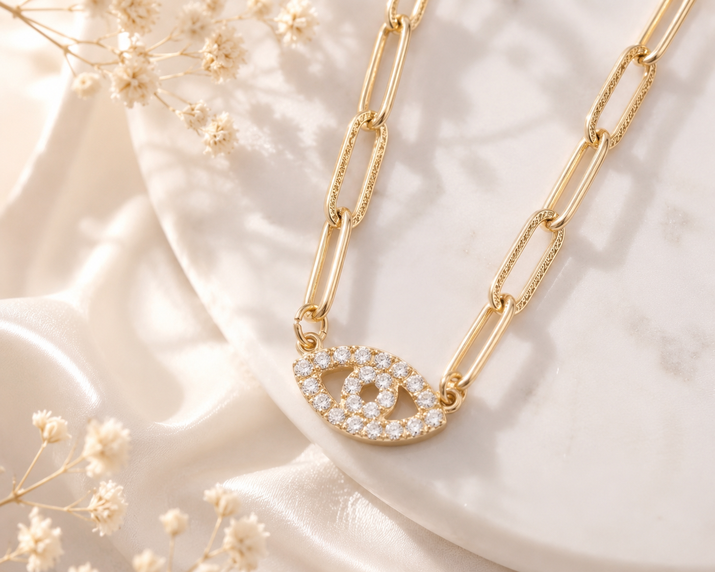 Evil Eye Necklace – 18K Gold Paperclip Chain, Waterproof