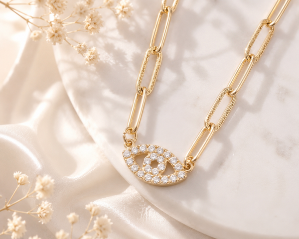 Evil Eye Necklace – 18K Gold Paperclip Chain, Waterproof