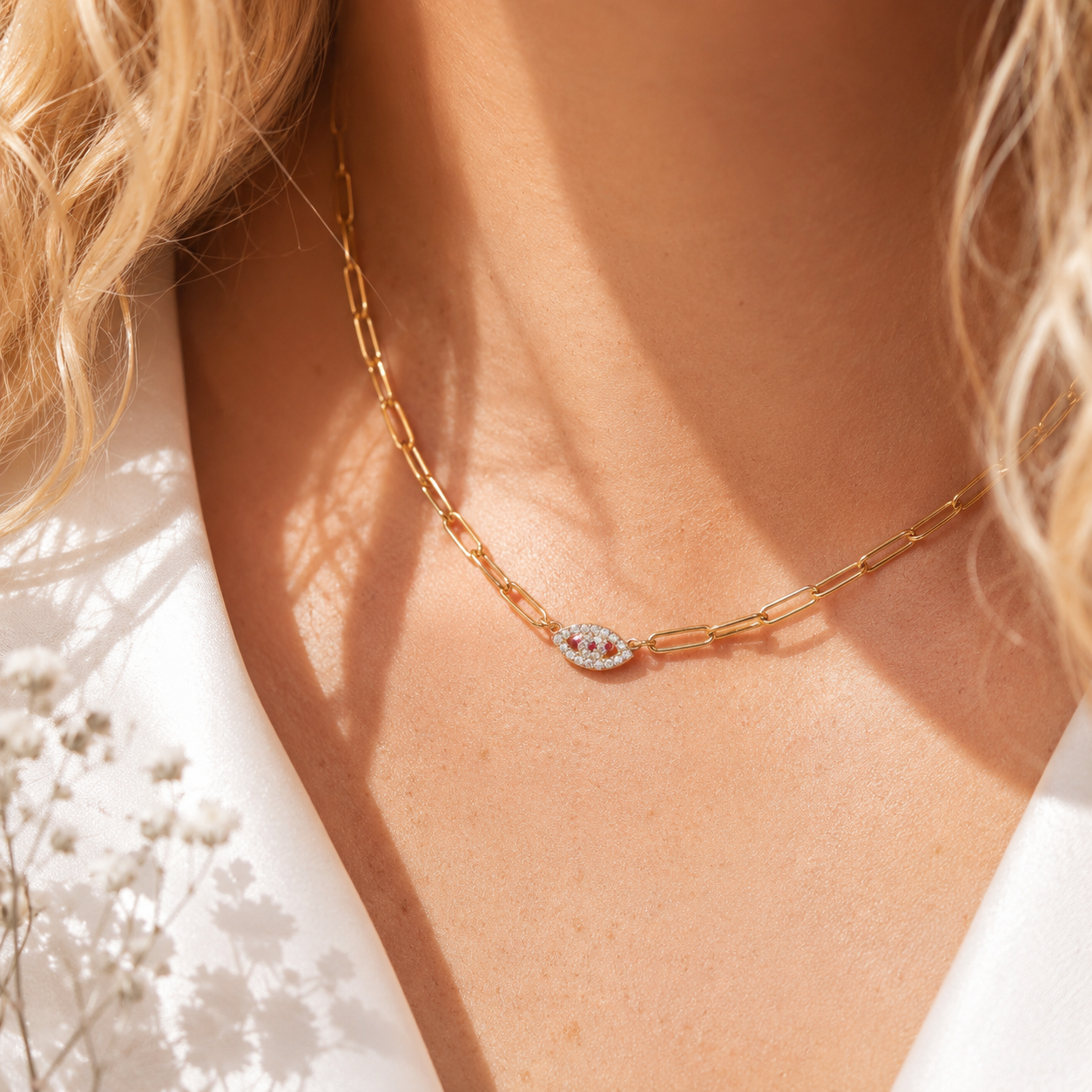 Evil Eye Necklace – 18K Gold Paperclip Chain, Waterproof