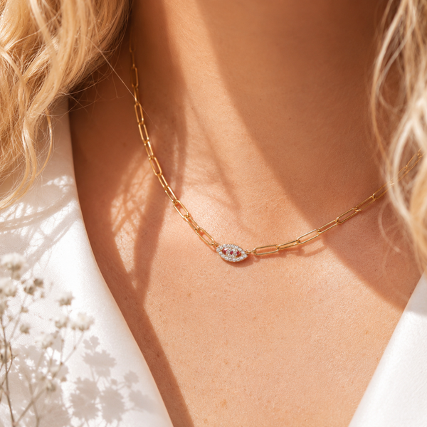 Evil Eye Necklace – 18K Gold Paperclip Chain, Waterproof