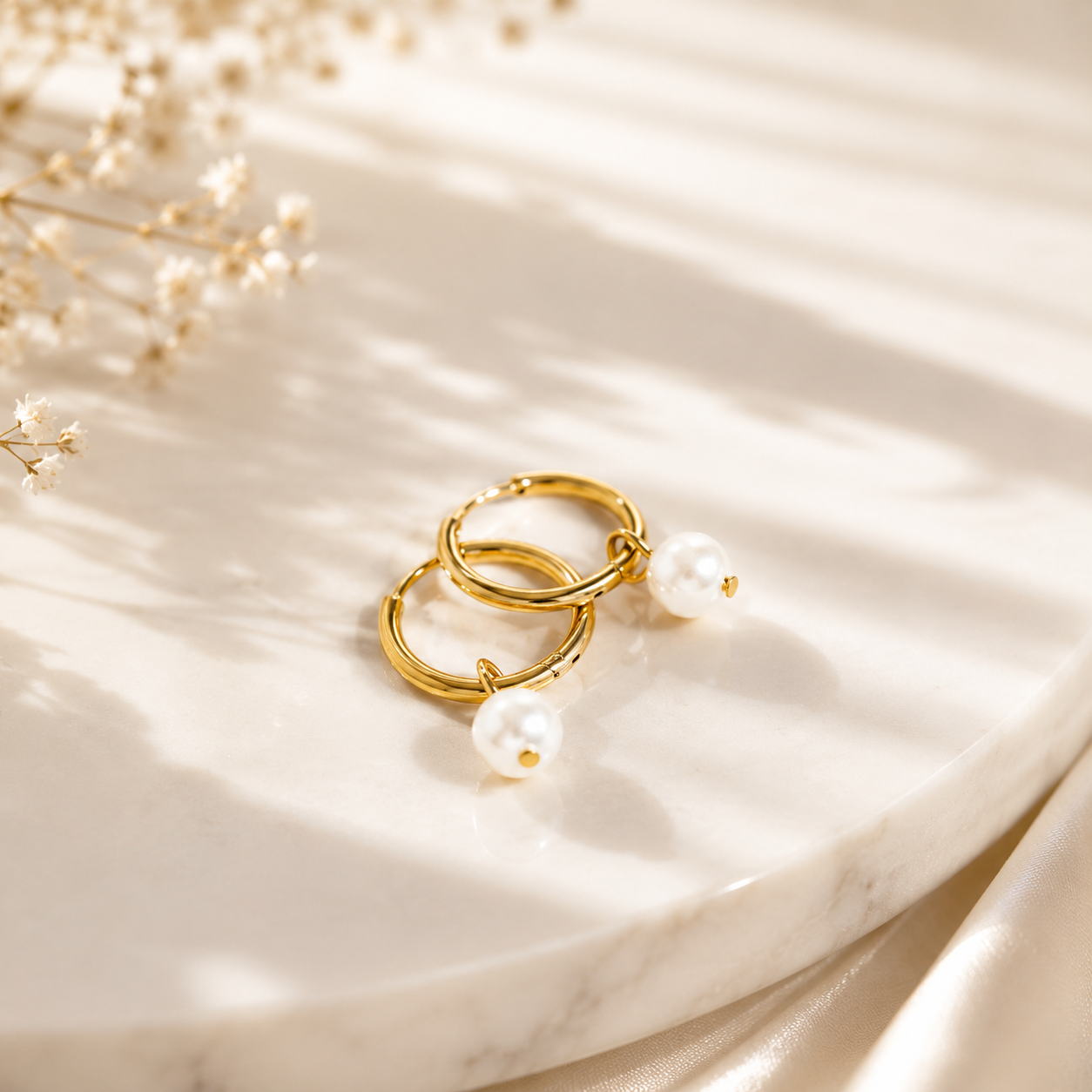 Pearl Huggie Hoop Earrings – 18K Gold, Waterproof, Hypoallergenic