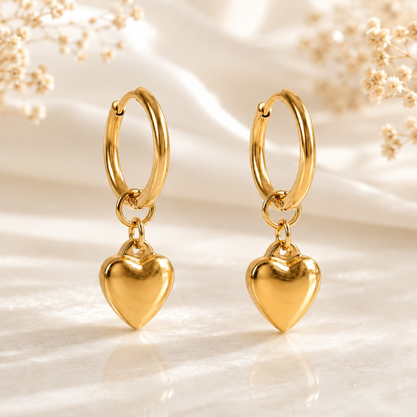 Heart Charm Huggie Hoop Earrings – 18K Gold, Waterproof