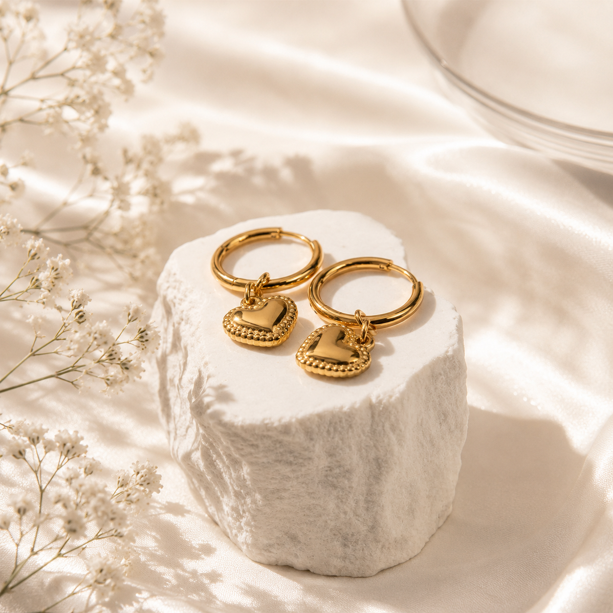 Heart Charm Huggie Hoops – 18K Gold, Tarnish Resistant
