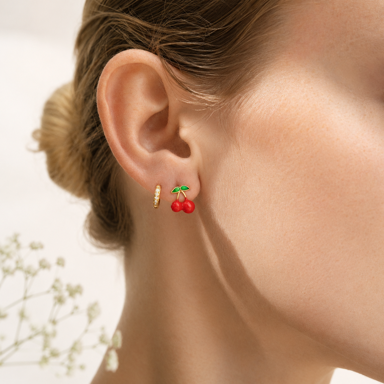 Enamel Cherry Stud Earrings – 18K Gold, Waterproof