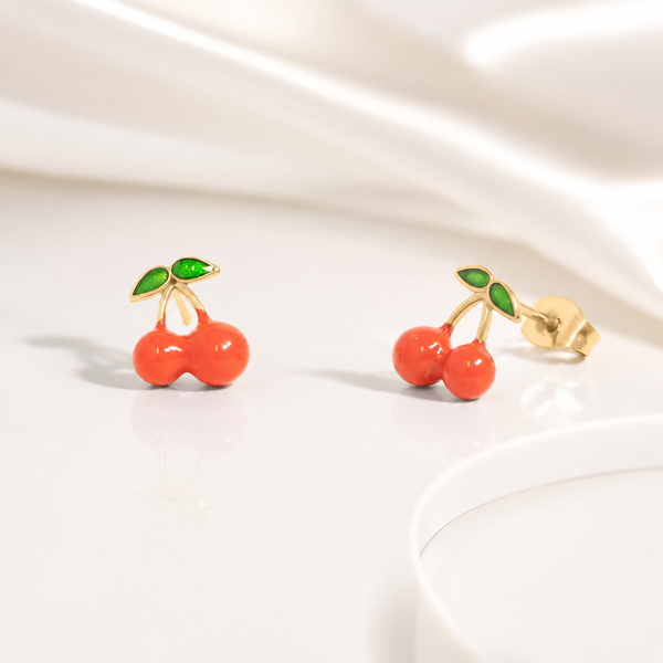 Enamel Cherry Stud Earrings – 18K Gold, Waterproof