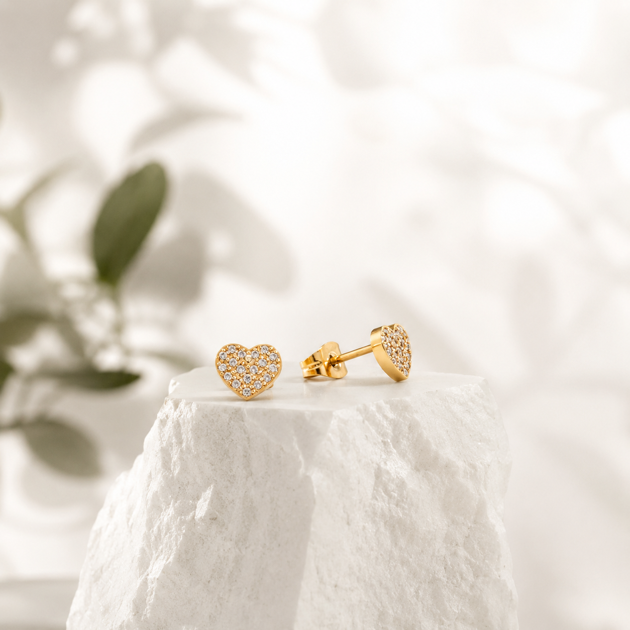 Pave CZ Heart Stud Earrings – 18K Gold, Waterproof