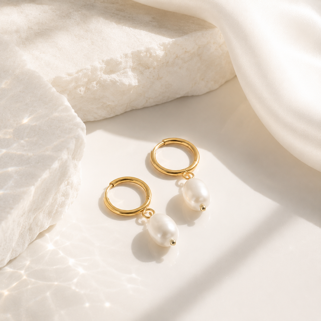 Freshwater Pearl Huggie Hoop Earrings – 18K Gold, Waterproof