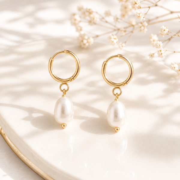 Freshwater Pearl Huggie Hoop Earrings – 18K Gold, Waterproof