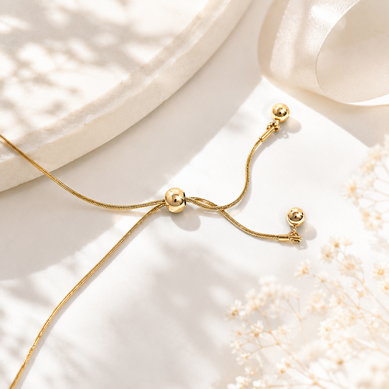 Ball Charm Necklace – 18K Gold Snake Chain, Adjustable