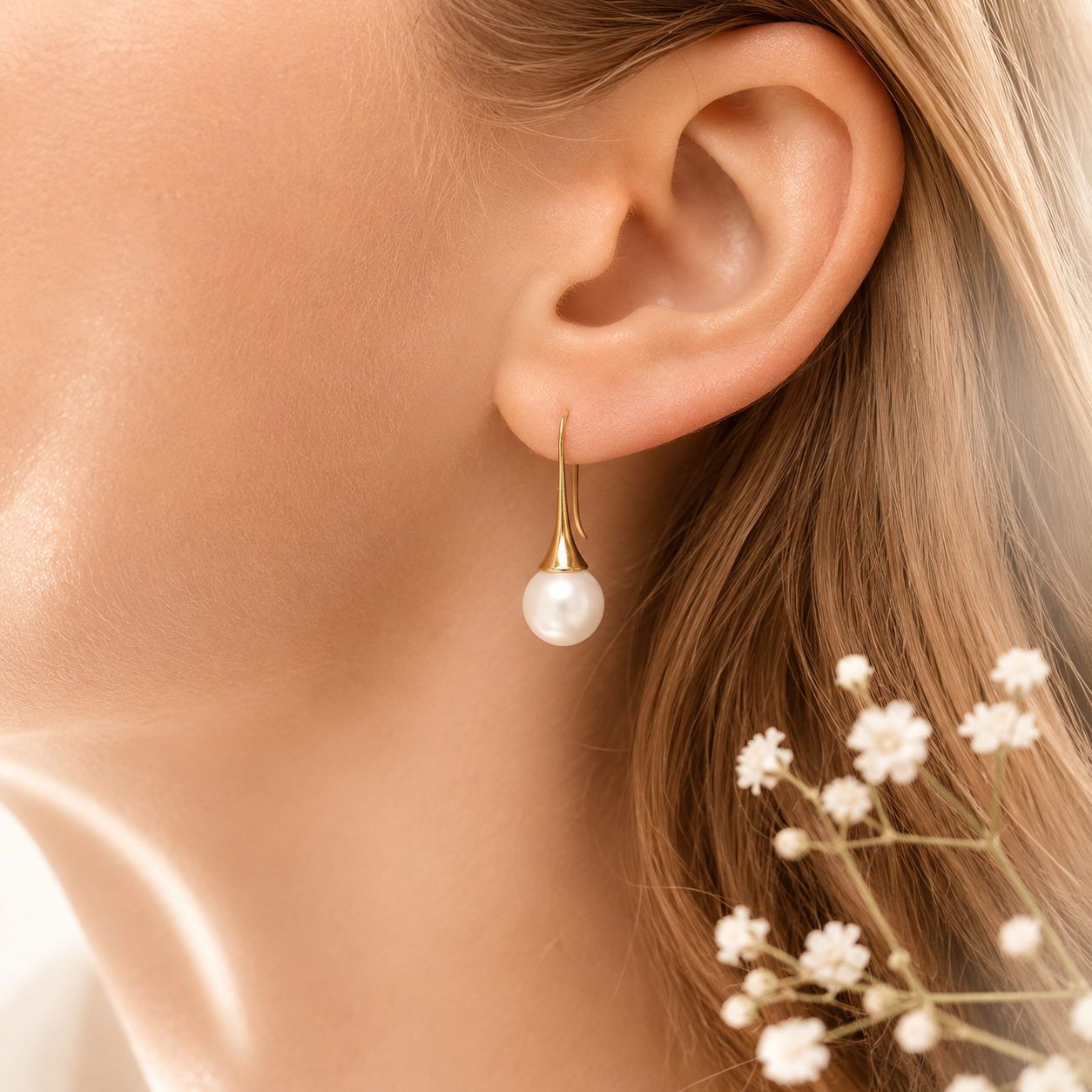 Large Pearl Drop Earrings – 18K Gold, Waterproof, Hypoallergenic
