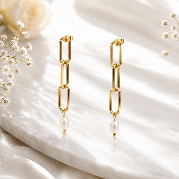 Pearl Drop Earrings – 18K Gold Paperclip, Waterproof