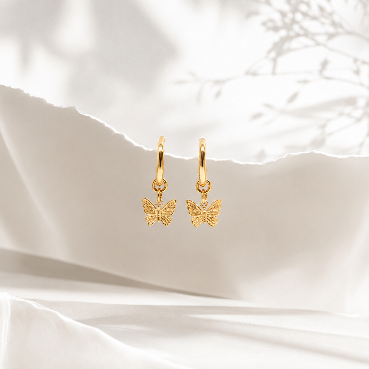 Butterfly Huggie Earrings – 18K Gold, Dainty Hoop, Waterproof