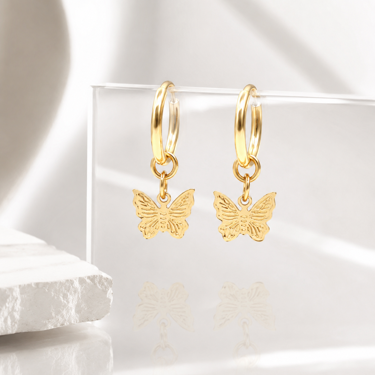 Butterfly Huggie Earrings – 18K Gold, Dainty Hoop, Waterproof