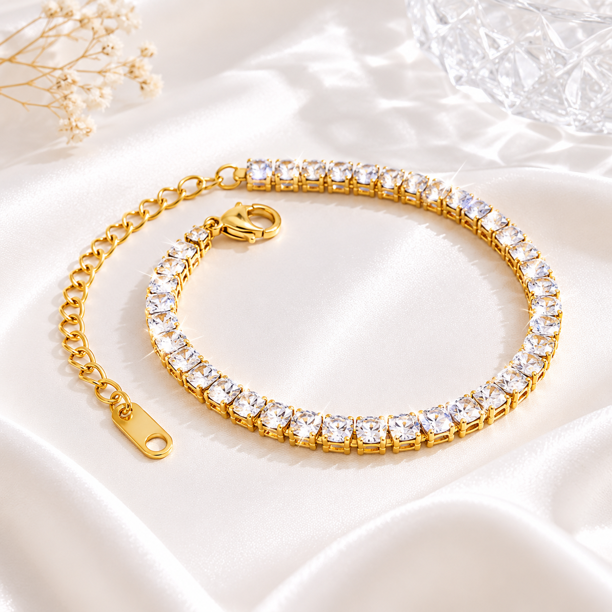 Emerald Cut Tennis Bracelet – 18K Gold, CZ, Hypoallergenic