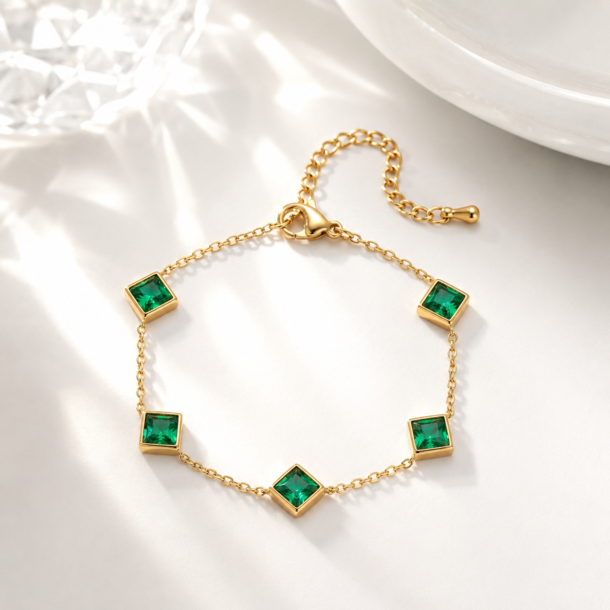 Emerald Station Bracelet – 18K Gold, Green Stone, Dainty