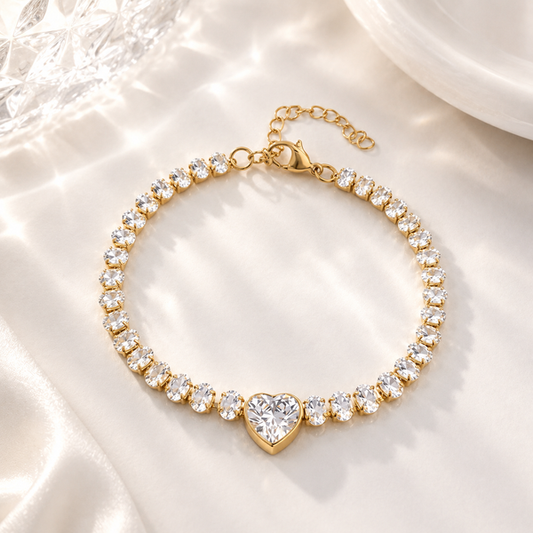 Heart Tennis Bracelet – 18K Gold, CZ Sparkle, Romantic