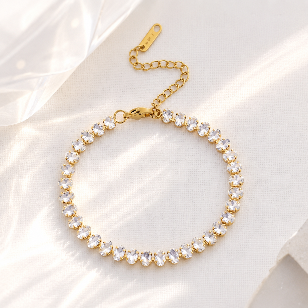 Oval Tennis Bracelet – 18K Gold, CZ Diamond, Dainty