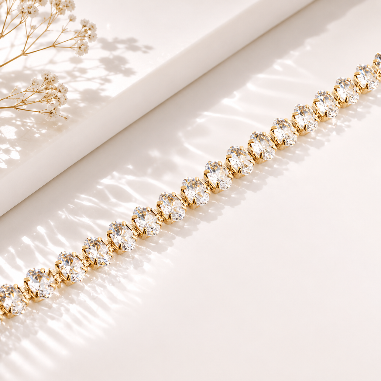 Oval Tennis Bracelet – 18K Gold, CZ Diamond, Dainty